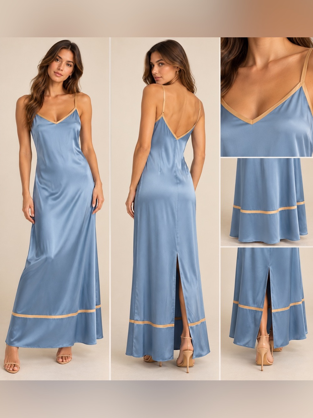 La Perla 100% Silk Blue Slip Dress Gold Trim Made in Italy Size 3